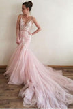 Appliques V-Neck Mermaid Long Formal Pink Tulle Prom Gown HZ0509