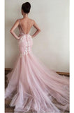 Appliques V-Neck Mermaid Long Formal Pink Tulle Prom Gown HZ0509