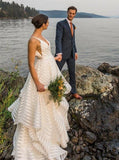 A-Line Deep V-Neck Sleeveless Backless Off White Organza Wedding Dress HZ0509
