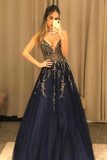 V Neck Line Sexy Party Dress Navy Blue Appliques Long Prom Dress With Beading HZ0509