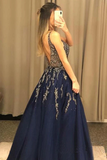 V Neck Line Sexy Party Dress Navy Blue Appliques Long Prom Dress With Beading HZ0509