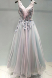 Appliques Long Prom Dress A-line V Neck Tulle Evening Dress HZ0509