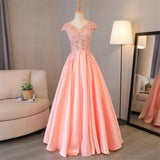 Pink A Line Cap Sleeves Appliques Beaded Long Prom Dresses HZ0509