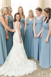 V-Neck Floor-Length Dusty Blue Chiffon Simple Bridesmaid Dress with Ruched HZ0509