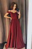 Charming A Line Off the Shoulder Burgundy Satin Long Prom Dresses HZ0509