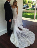 the Shoulder Short Sleeves Court Train Mermaid Wedding Dress with Appliques Lace HZ0509