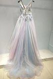 Appliques Long Prom Dress A-line V Neck Tulle Evening Dress HZ0509