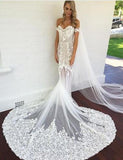 the Shoulder Short Sleeves Court Train Mermaid Wedding Dress with Appliques Lace HZ0509