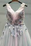 Appliques Long Prom Dress A-line V Neck Tulle Evening Dress HZ0509