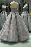 Gray Sleeveless Long Ball Gown Shiny Sequin Prom Dresses HZ0509