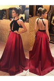 open back burgundy satin a line black top prom dresses HZ0509