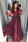 Long Sleeves V Neck Lace Top A Line Long Prom Dresses HZ0509