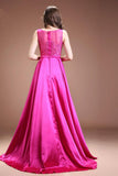 Long Satin Lace Beaded Cap Sleeves Prom Dresses HZ0509
