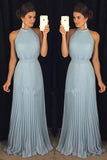 High Neck Halter Blue Long Chiffon Floor-Length Prom Dresses HZ0509