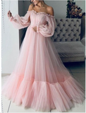 Pink Lace Off Shoulder Fluffy Tulle Long Sleeve Prom Party Maxi Dress HZ0509