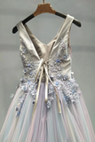 Appliques Long Prom Dress A-line V Neck Tulle Evening Dress HZ0509