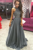 Beading A-Line Long Cheap Prom Dresses,Grey Evening Dress For Women HZ0509