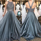 Beading A-Line Long Cheap Prom Dresses,Grey Evening Dress For Women HZ0509