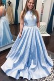 Light Blue Jewel Open Back Long Prom Dress with Pearls, A Line Sleeveless Formal Dress HZ0509