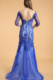 V-neck Blue Half Sleeves Backless Long Prom Dresses HZ0509