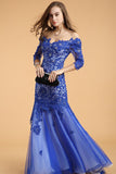V-neck Blue Half Sleeves Backless Long Prom Dresses HZ0509