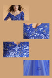 V-neck Blue Half Sleeves Backless Long Prom Dresses HZ0509