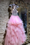 Sleeveless Crystal Beaded Pink Ruffles Tulle Puffy Prom Dresses,Pretty Long Evening Dress HZ0509