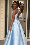 Light Blue Jewel Open Back Long Prom Dress with Pearls, A Line Sleeveless Formal Dress HZ0509
