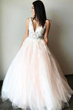 Line Tulle V Neck Sleeveless Prom Dress With Lace Appliques HZ0509