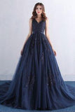 Blue V Neck A Line Appliques Tulle Long Prom Dress HZ0509