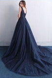 Blue V Neck A Line Appliques Tulle Long Prom Dress HZ0509