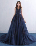Blue V Neck A Line Appliques Tulle Long Prom Dress HZ0509