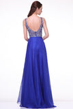 Royal Blue Long Beaded Cap Sleeves Backless Prom Dresses HZ0509