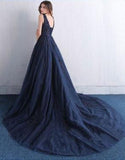 Blue V Neck A Line Appliques Tulle Long Prom Dress HZ0509