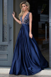 A-Line Deep V-Neck Royal Blue Long Beading Prom Dresses With Sweep Train HZ0509
