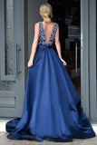 A-Line Deep V-Neck Royal Blue Long Beading Prom Dresses With Sweep Train HZ0509