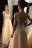 V-Neck Beaded Long A-line Tulle Backless Prom Dresses With Appliques HZ0509