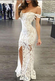 Sheath Off-the-Shoulder Long Lace Prom Dresses with Split HZ0509