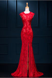 Sexy Red Lace See Through Split Mermaid Prom Evening Dresses HZ0509