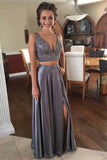 Two Piece Beaded Prom Dresses,2 Piece Slit Evening Party Dress,Graduation Dress HZ0509