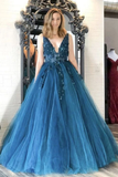 Ball Gown V Neck Teal Tulle Long Prom Dresses with Appliques,Quinceanera Dresses,Girls Junior Graduation Gown HZ0509