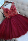 A-Line V Neck Lace Up Short Burgundy Tulle Homecoming Dress with Appliques HZ0509