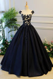 Puffy A-Line Cap Sleeves Lace-up Black Satin Long Prom Dress with Appliques HZ0509