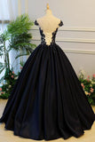 Puffy A-Line Cap Sleeves Lace-up Black Satin Long Prom Dress with Appliques HZ0509