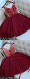 A-Line V Neck Lace Up Short Burgundy Tulle Homecoming Dress with Appliques HZ0509