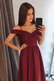 Charming A Line Off the Shoulder Burgundy Satin Long Prom Dresses HZ0509