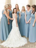 V-Neck Floor-Length Dusty Blue Chiffon Simple Bridesmaid Dress with Ruched HZ0509