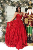 A Line Sweetheart Strapless Red Lace Long Prom Dress HZ0509