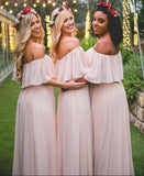 Simple Pink Off the Shoulder Pink Ruffles Long Bridesmaid Dresses HZ0509