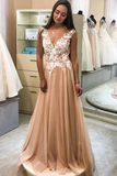 Gorgeous A-Line V Neck Tulle Long Prom Dresses with White Appliques HZ0509